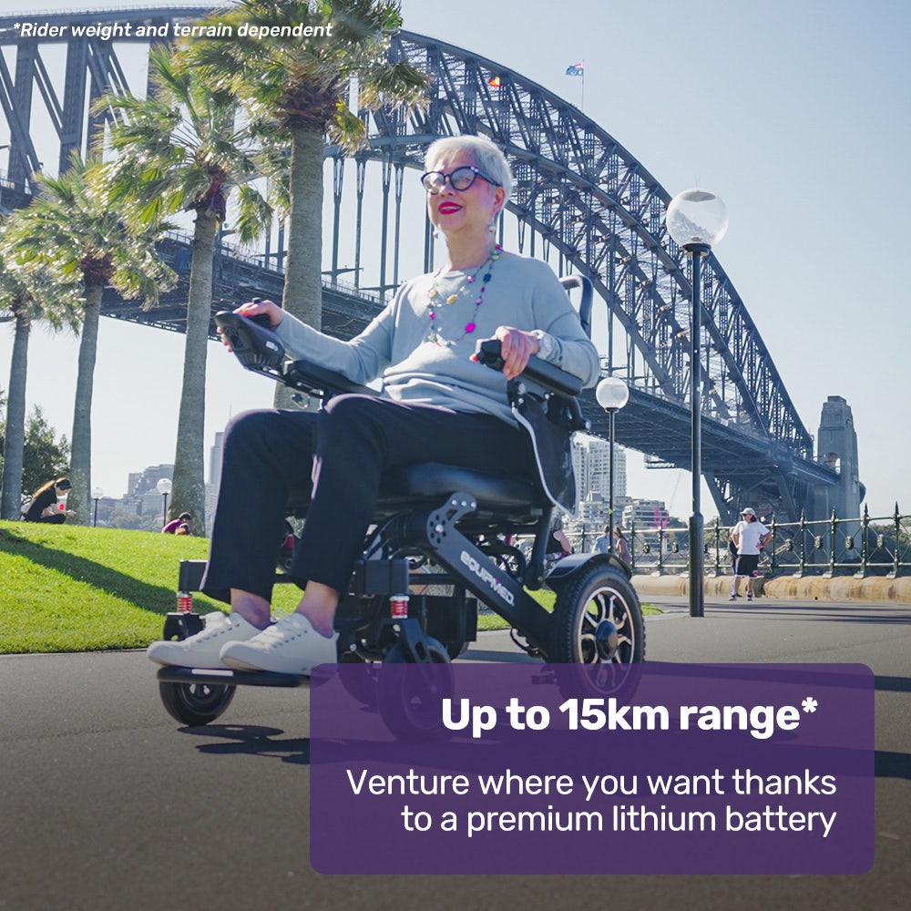 Hlpmedical EQUIPMED electric folding wheelchair with black aluminium frame, long-range lithium battery, airline approved, suitable for mobility needs