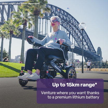 Hlpmedical EQUIPMED electric folding wheelchair with black aluminium frame, long-range lithium battery, airline approved, suitable for mobility needs