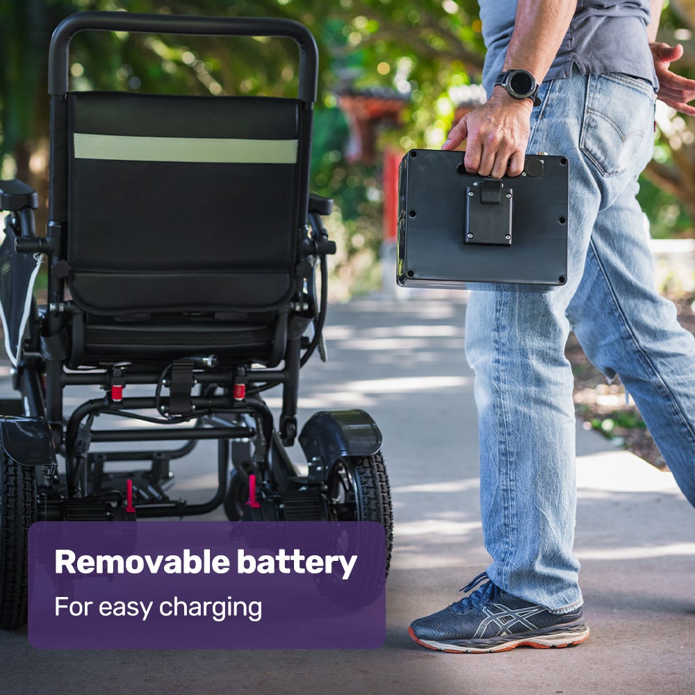 Hlpmedical EQUIPMED electric folding wheelchair with black aluminum frame, lithium battery, long-range, airline approved, for mobility assistance.