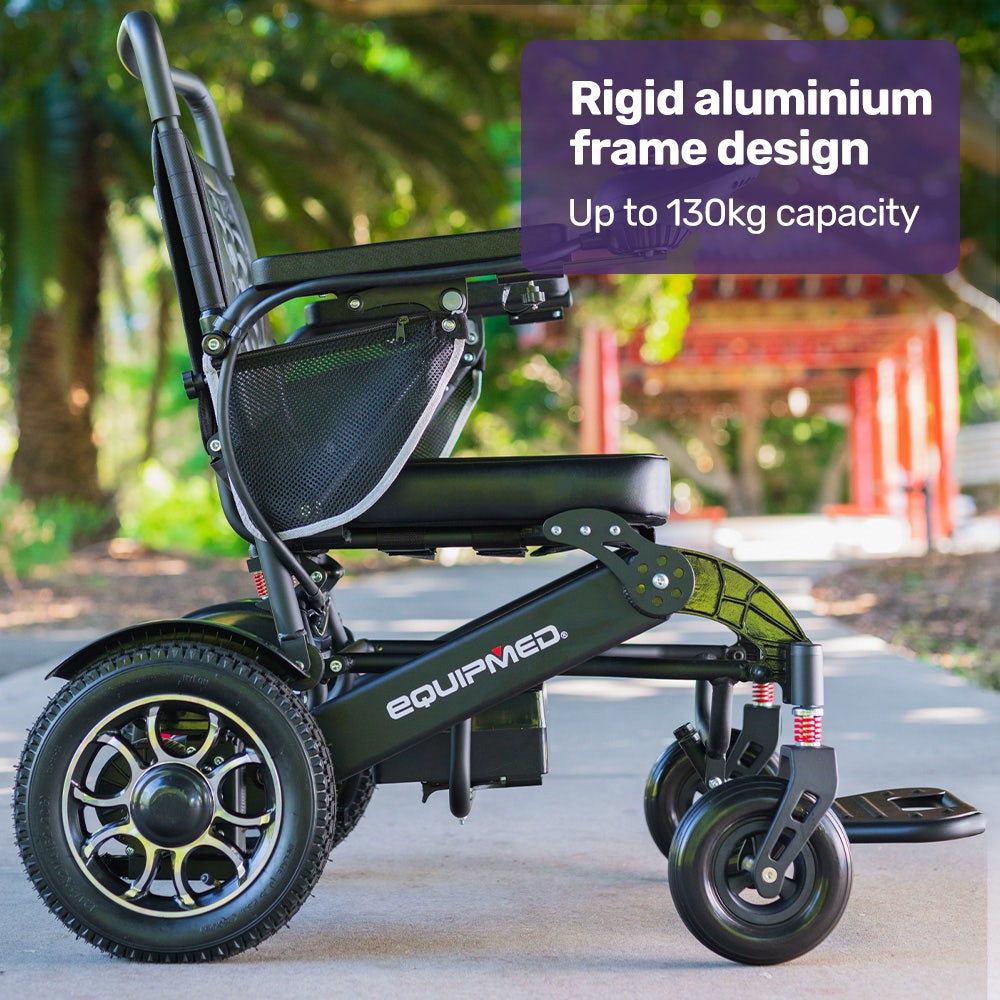Hlpmedical EQUIPMED electric folding wheelchair with black aluminium frame and lithium battery, airline approved, long-range mobility device.