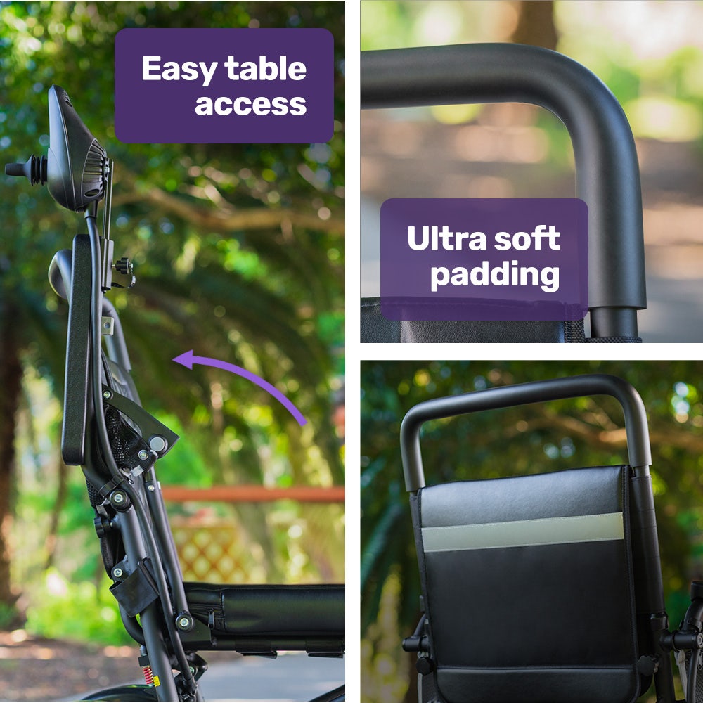 Hlpmedical EQUIPMED electric folding wheelchair with black aluminium frame, lithium battery, long-range, airline approved for mobility.