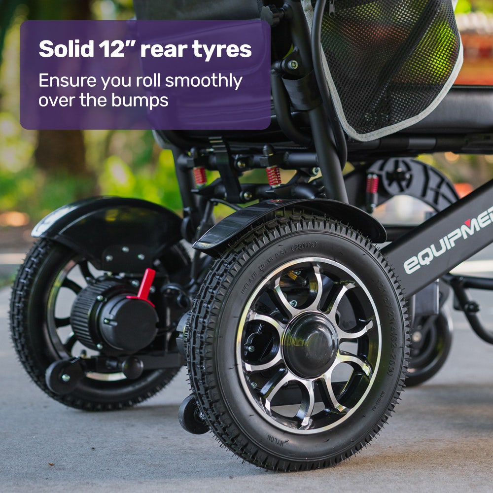 Hlpmedical EQUIPMED electric folding wheelchair with black aluminium frame and lithium battery, airline approved for mobility and accessibility.