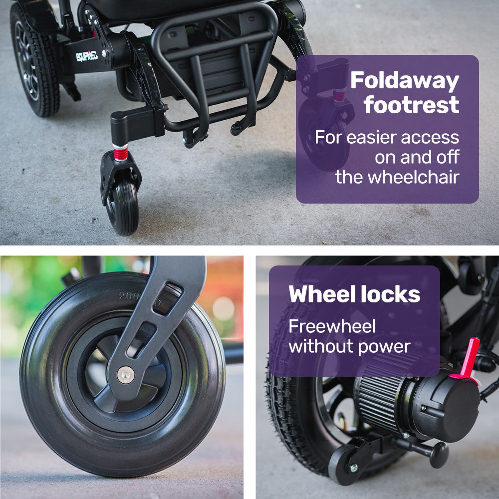 Hlpmedical EQUIPMED electric folding wheelchair with black aluminium frame and lithium battery, airline approved, long-range mobility aid.