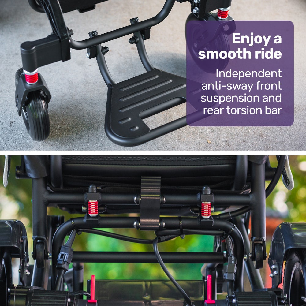 Hlpmedical EQUIPMED electric folding wheelchair with black aluminium frame and lithium battery, airline approved, long-range mobility aid.