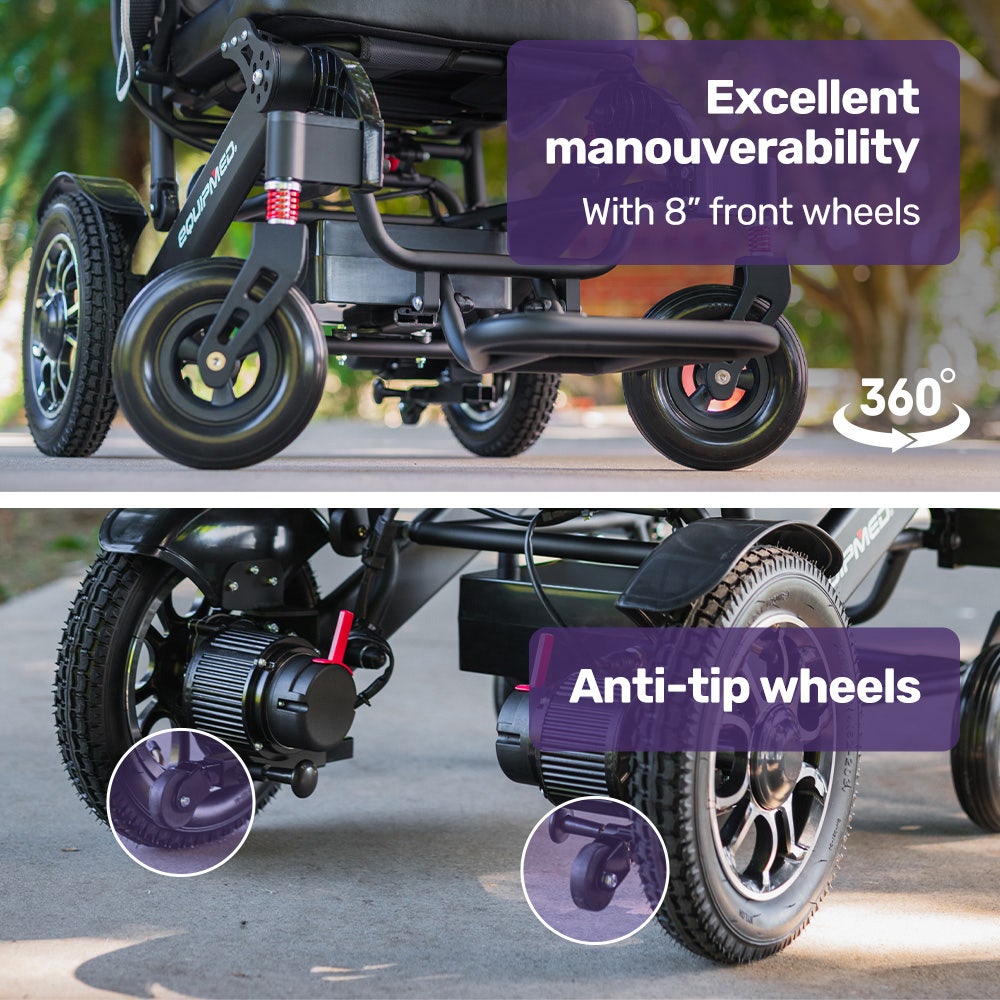 Hlpmedical EQUIPMED electric folding wheelchair with aluminium frame, lithium battery, black color, airline approved for mobility.