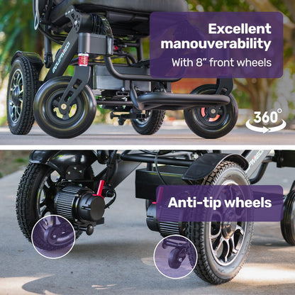 Hlpmedical EQUIPMED electric folding wheelchair with aluminium frame, lithium battery, black color, airline approved for mobility.