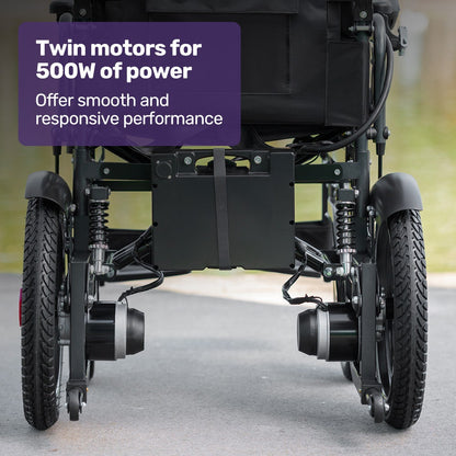 Hlpmedical EQUIPMED electric folding wheelchair with wide bariatric seat, black, lithium battery, suitable for S-XL users, showing the wheelchair.