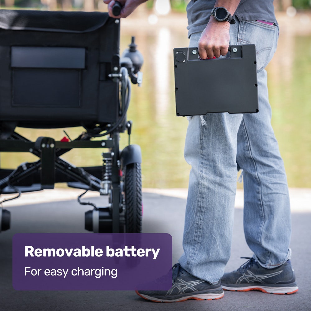 Hlpmedical EQUIPMED electric folding wheelchair with wide seat, black bariatric design, lithium battery, and comfortable S-XL support.