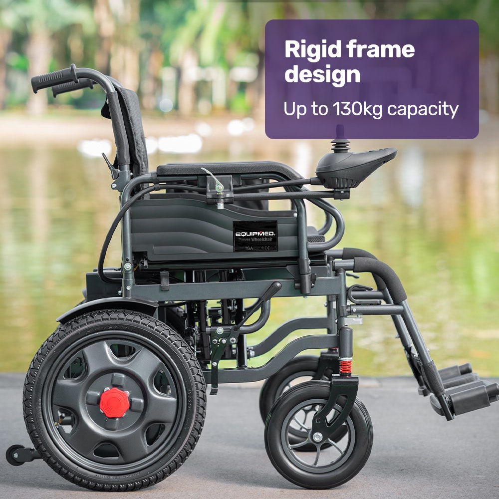 Hlpmedical EQUIPMED electric folding wheelchair with wide bariatric seat, black frame, lithium battery, suitable for S-XL users, long-range.
