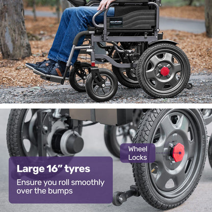Hlpmedical EQUIPMED electric folding wheelchair with wide bariatric seat, black color, long-range lithium battery, suitable for S-XL sizes