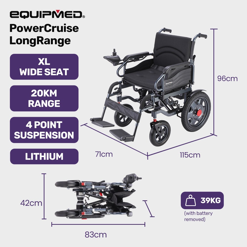 Hlpmedical EQUIPMED electric folding wheelchair with wide bariatric seat, black frame, lithium battery, designed for S-XL users.