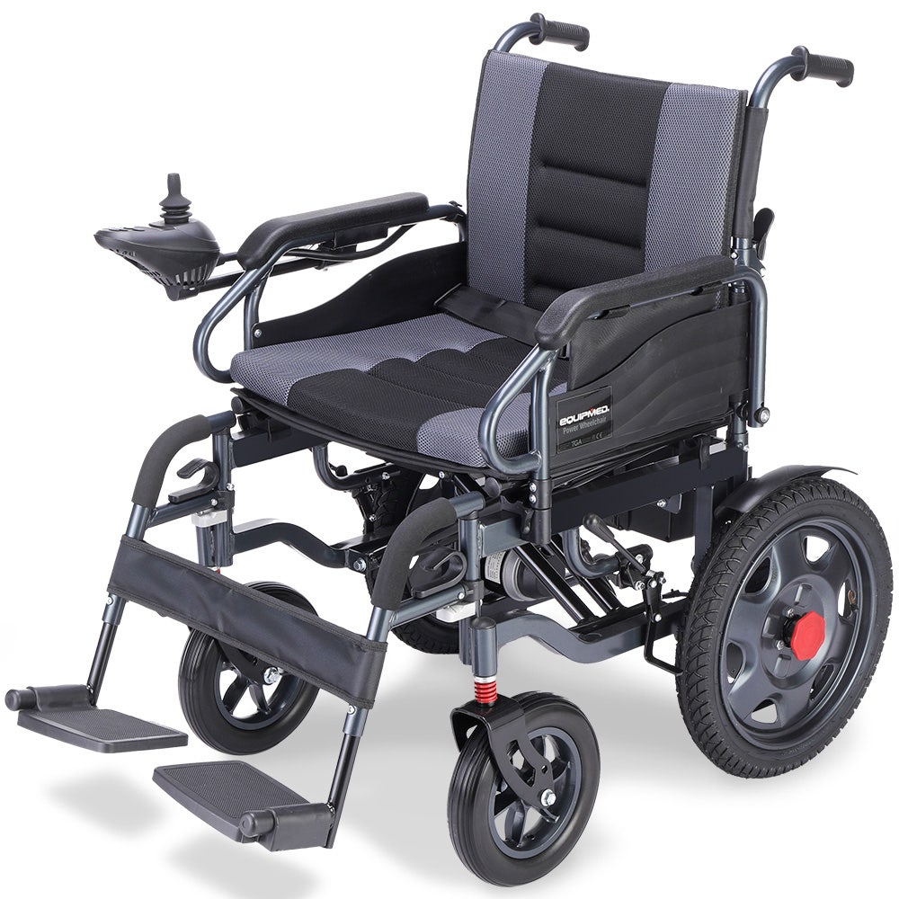 Equipmed electric folding wheelchair by Hlpmedical featuring wide bariatric seat, black and grey design, long-range lithium battery.