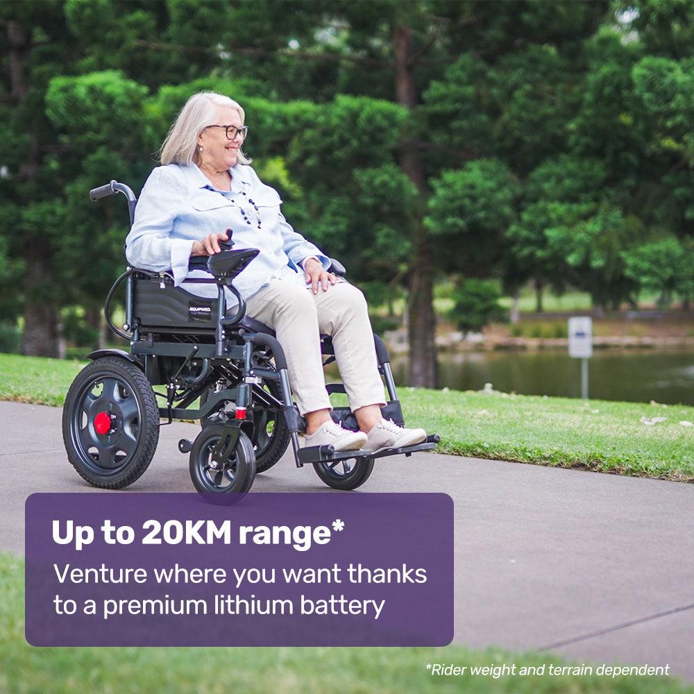 Equipmed electric folding wheelchair by Hlpmedical with wide bariatric seat, black and grey, lithium battery, suitable for S-XL users.