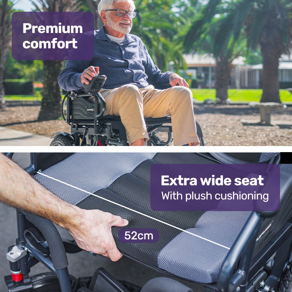Equipmed electric folding wheelchair by Hlpmedical with wide bariatric seat, black and grey, long-range lithium battery, comfortable for S-XL.