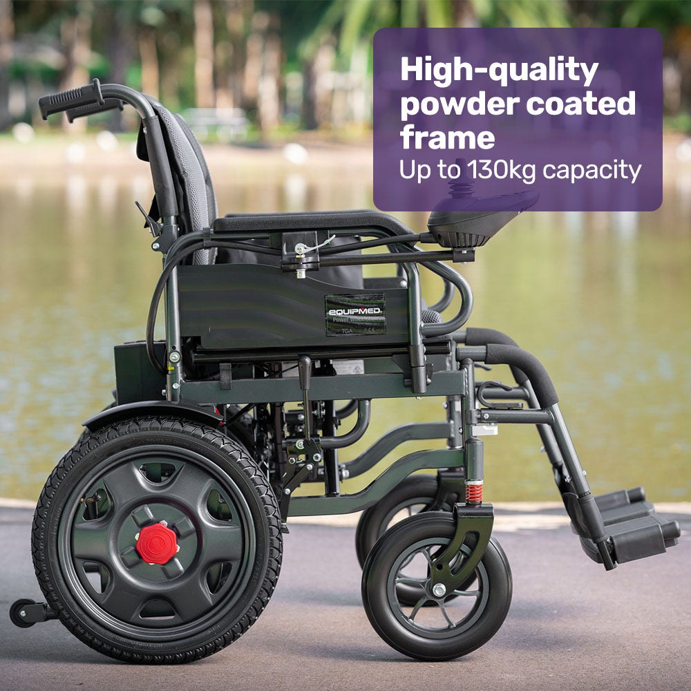 Equipmed electric folding wheelchair with wide bariatric seat, black and grey, featuring long-range lithium battery and comfortable design.