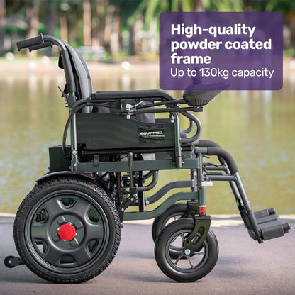 Equipmed electric folding wheelchair with wide bariatric seat, black and grey, featuring long-range lithium battery and comfortable design.