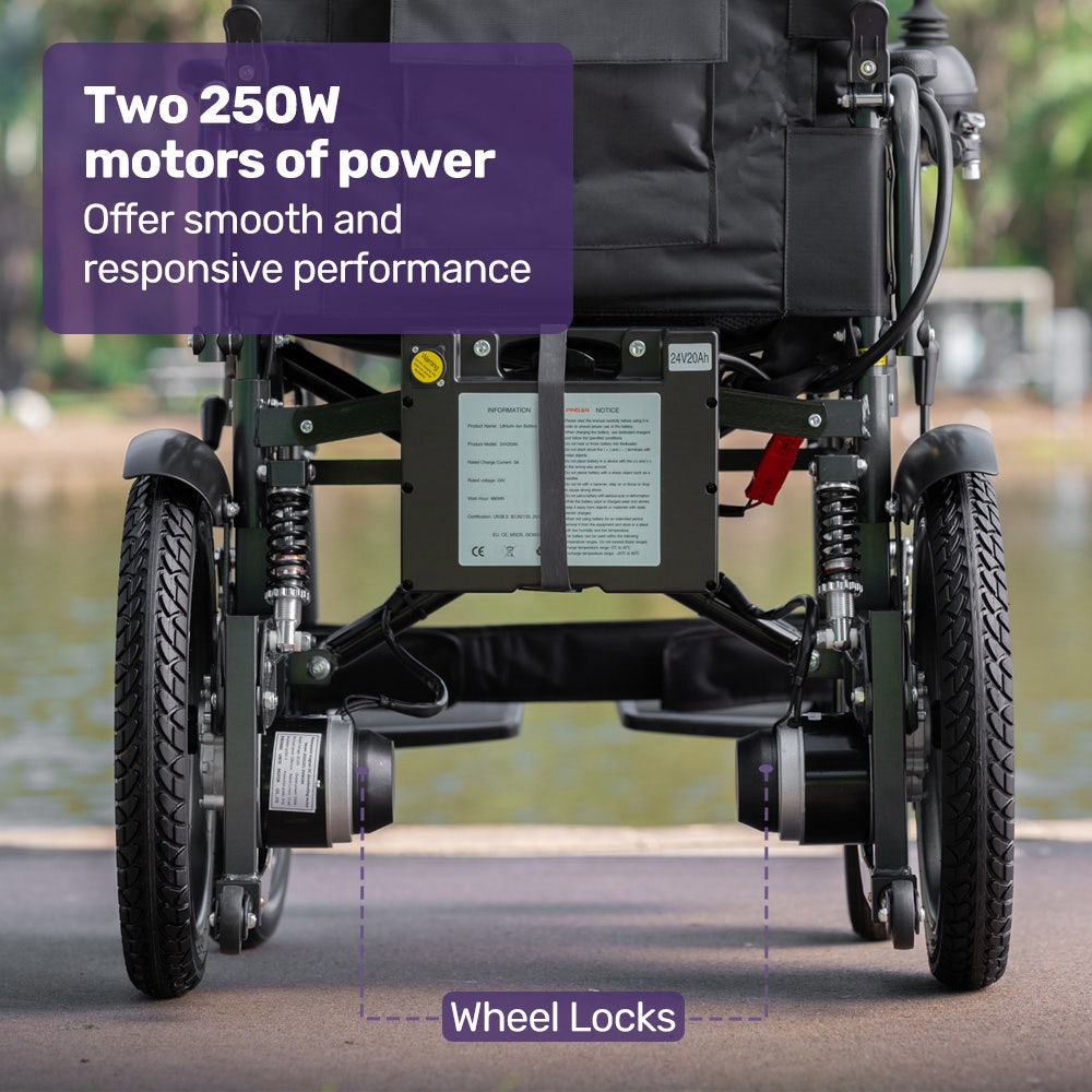 Equipmed electric folding wheelchair by Hlpmedical with wide bariatric seat, black and grey, showing the comfortable, portable mobility aid.