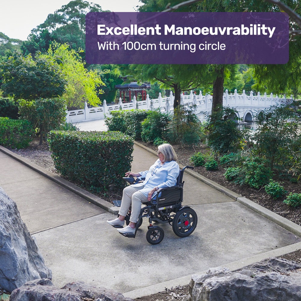 Equipmed electric folding wheelchair by Hlpmedical with wide bariatric seat, black and grey, lithium battery, suitable for S-XL users.