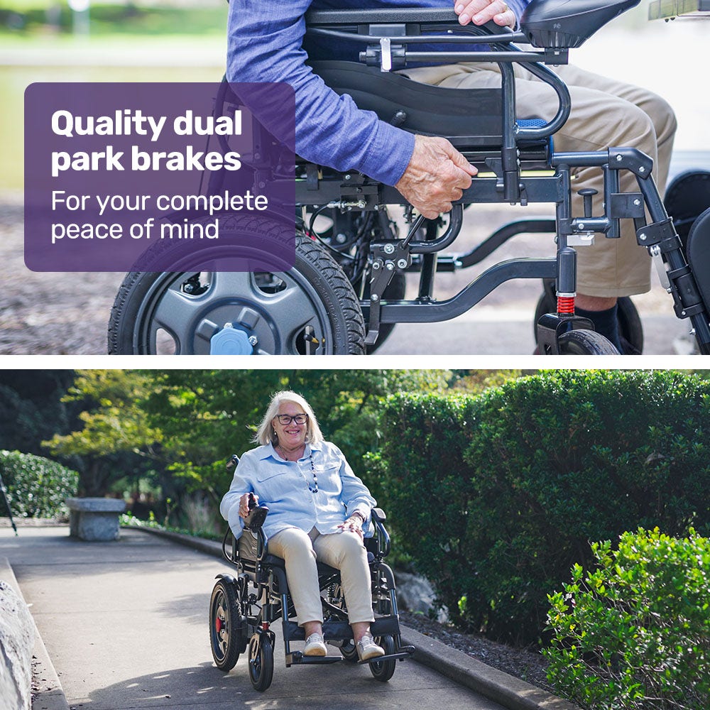 Equipmed electric folding wheelchair by Hlpmedical featuring a wide bariatric seat, black and grey color, long-range lithium battery.