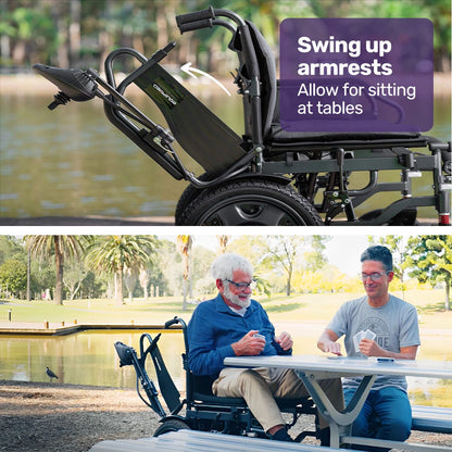 Equipmed electric folding wheelchair by Hlpmedical with wide bariatric seat, black and grey, long-range lithium battery, comfortable for S-XL.