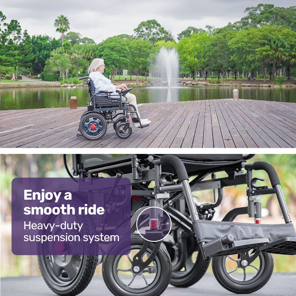 Equipmed electric folding wheelchair by Hlpmedical with wide bariatric seat, black and grey design, lithium battery, ideal for S-XL users.