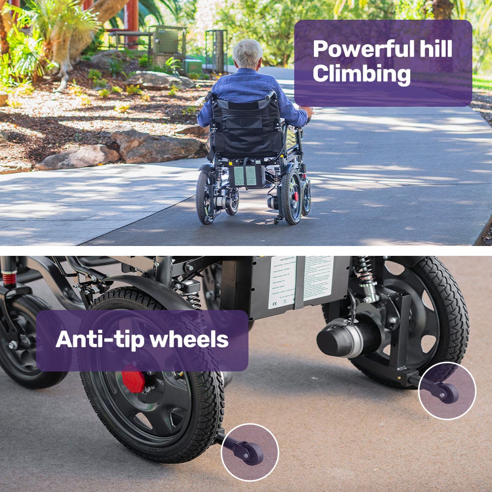 Equipmed electric folding wheelchair by Hlpmedical with wide bariatric seat, black and grey design, long-range lithium battery.