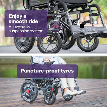 Equipmed electric folding wheelchair by Hlpmedical with wide bariatric seat, black and grey design, long-range lithium battery for mobility.