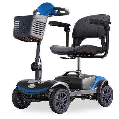Black and blue EQUIPMED Electric Mobility Scooter by Hlpmedical, portable, foldable design for elderly and older adults.