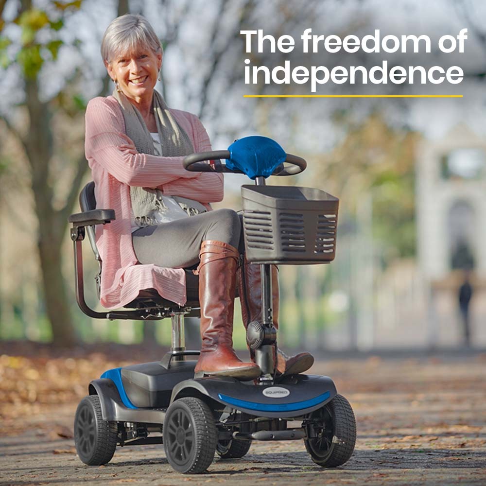 Hlpmedical EQUIPMED electric mobility scooter portable folding for elderly, black and blue, with compact design for easy mobility.