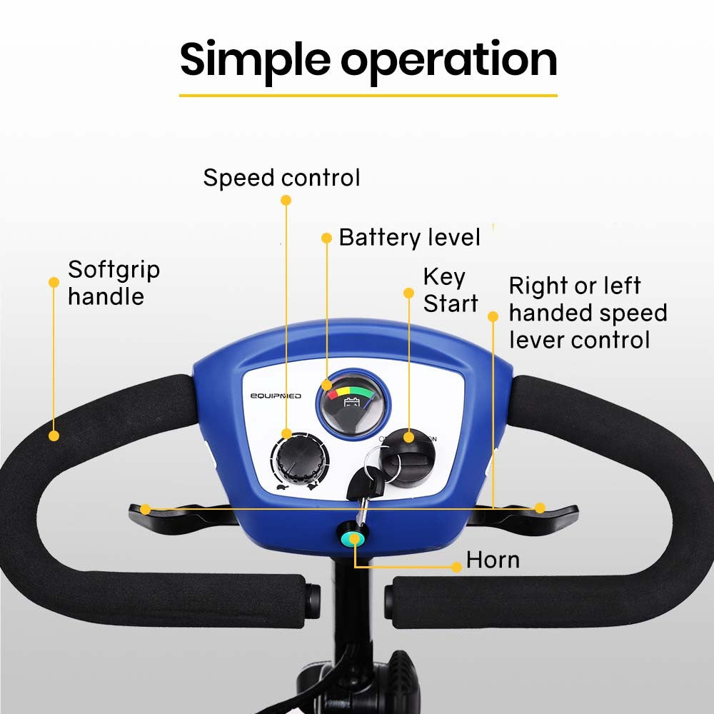 Hlpmedical EQUIPMED Electric Mobility Scooter Portable Folding for elderly, black and blue, compact design for easy transport and use.
