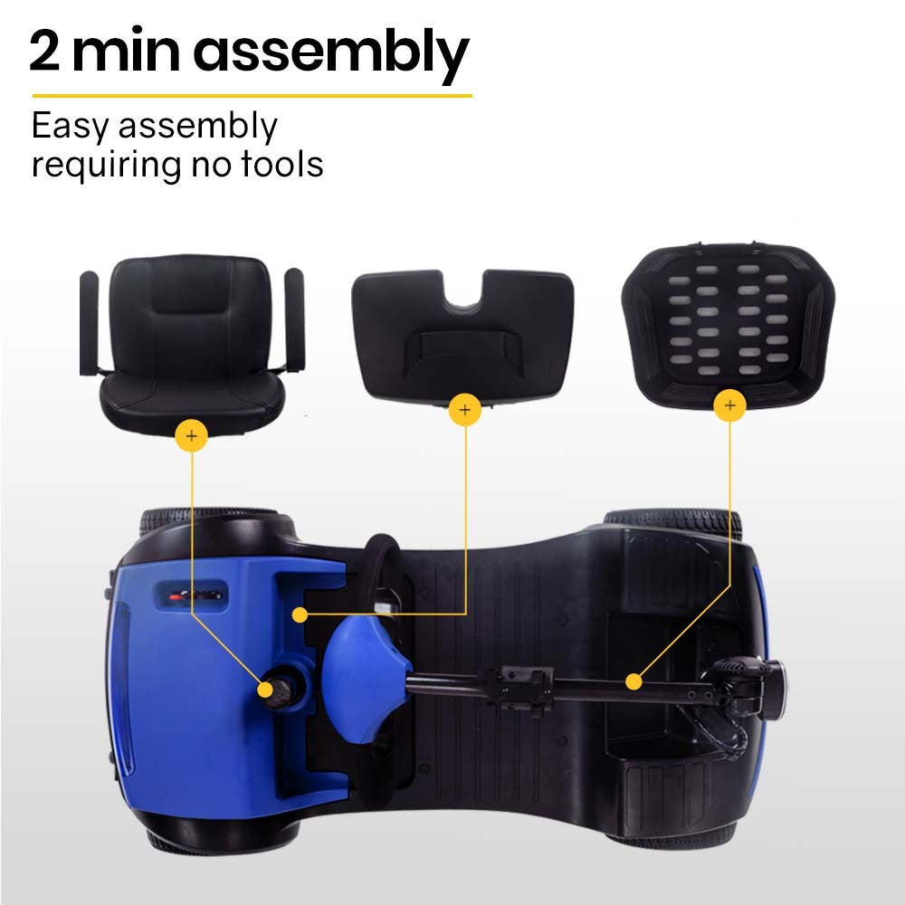 Hlpmedical EQUIPMED electric mobility scooter, portable folding design in black and blue for elderly and older adults.