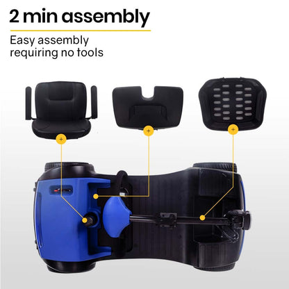 Hlpmedical EQUIPMED electric mobility scooter, portable folding design in black and blue for elderly and older adults.