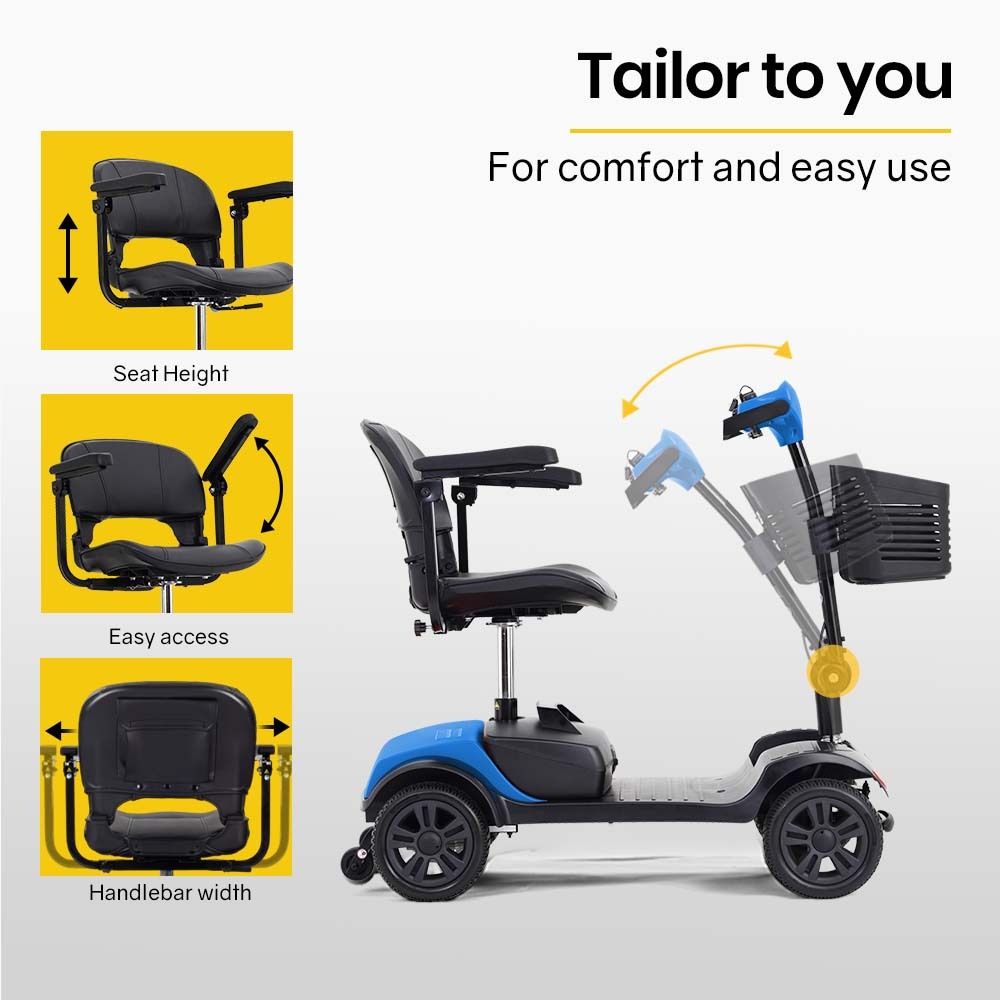 Hlpmedical EQUIPMED Electric Mobility Scooter Portable Folding for elderly, black and blue, compact design for easy transport and use