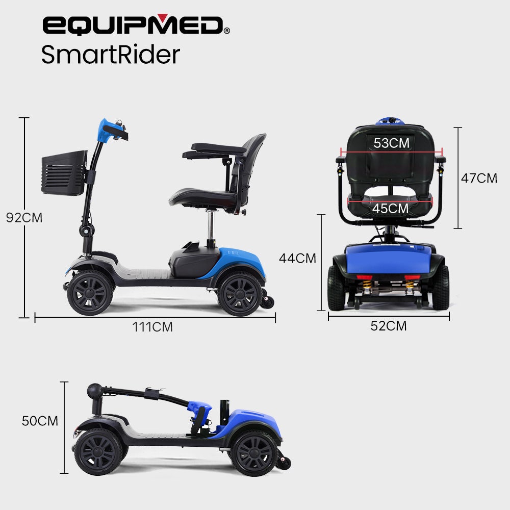 Hlpmedical EQUIPMED Electric Mobility Scooter Portable Folding for elderly, black and blue, compact design for easy travel and accessibility.