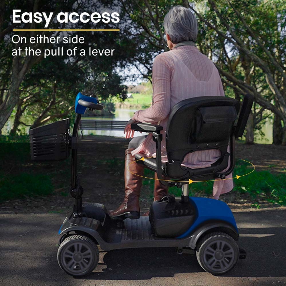 Hlpmedical EQUIPMED Electric Mobility Scooter Portable Folding for elderly in black and blue, compact and easy to use.