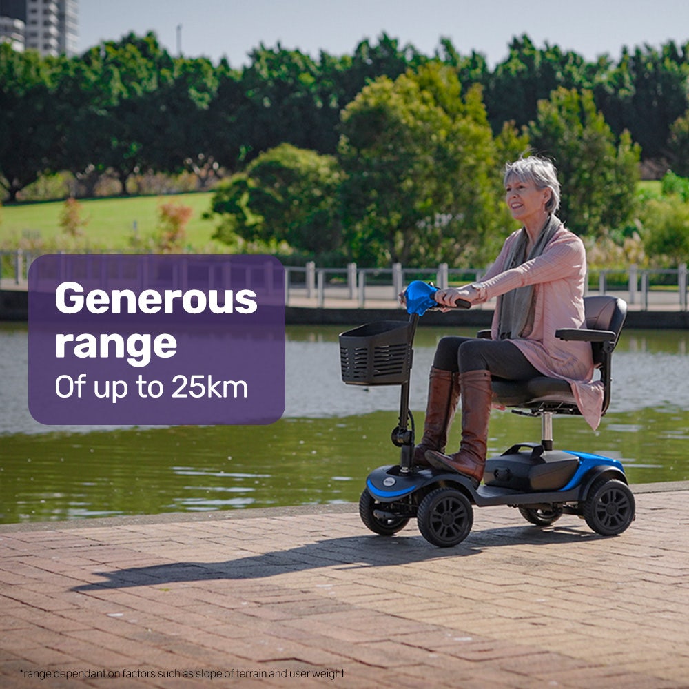 Hlpmedical EQUIPMED electric mobility scooter, portable and folding, in black and blue, designed for elderly and older adults.