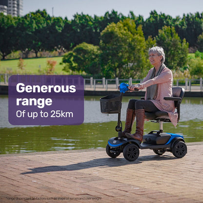 Hlpmedical EQUIPMED electric mobility scooter, portable and folding, in black and blue, designed for elderly and older adults.