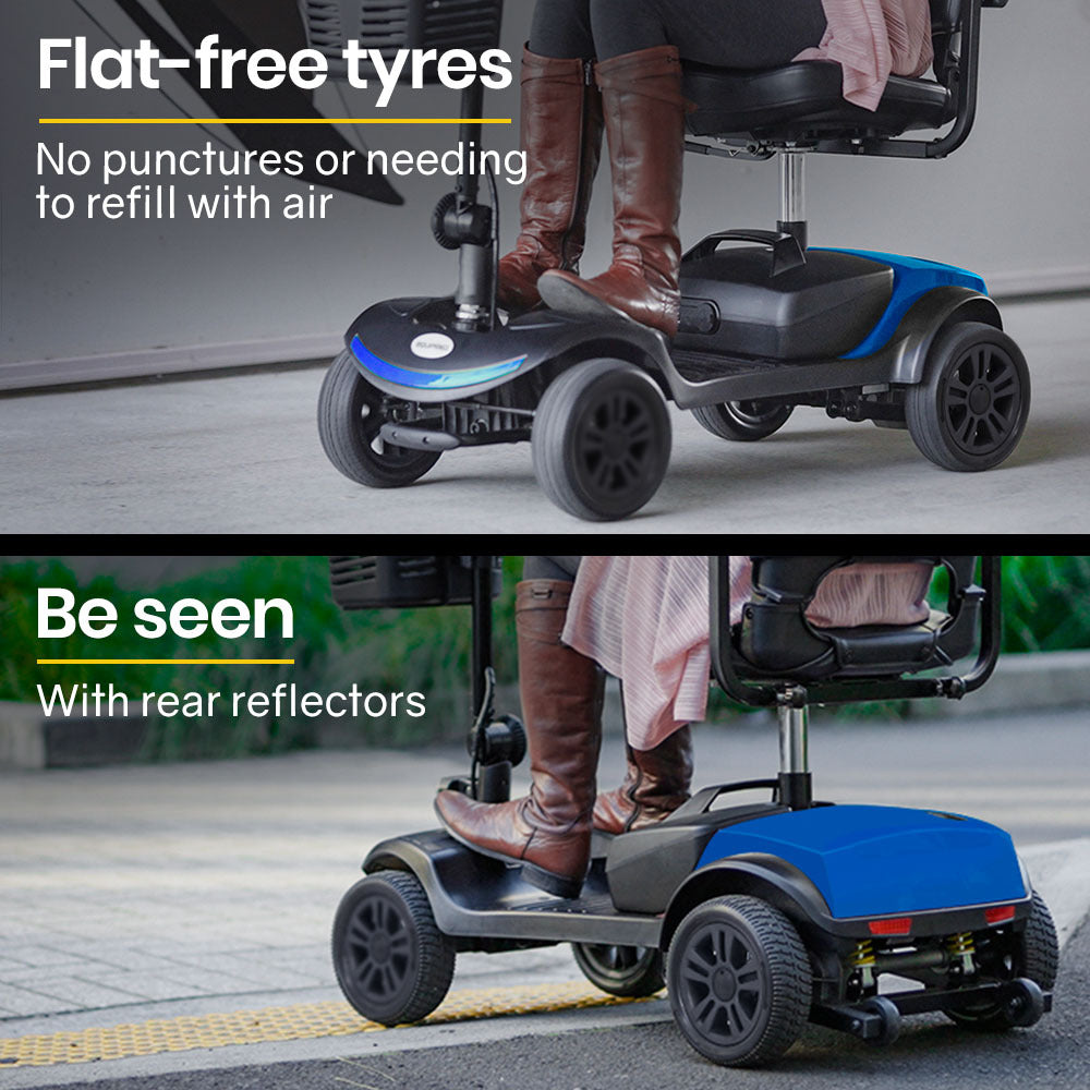 Hlpmedical EQUIPMED Electric Mobility Scooter Portable folding design for elderly, black and blue, compact and easy to transport.