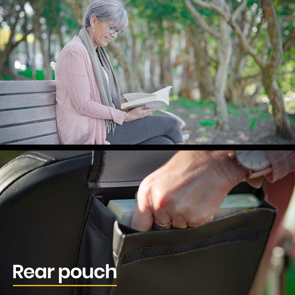 Portable EQUIPMED Electric Mobility Scooter by Hlpmedical, foldable design for elderly, black and blue for easy transport.