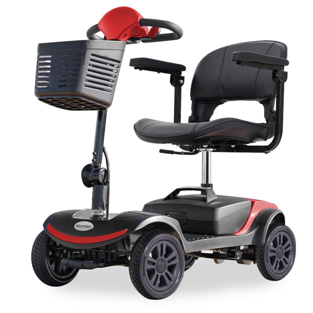 Hlpmedical EQUIPMED Electric Mobility Scooter Portable folding design in black and red for elderly and older adults.