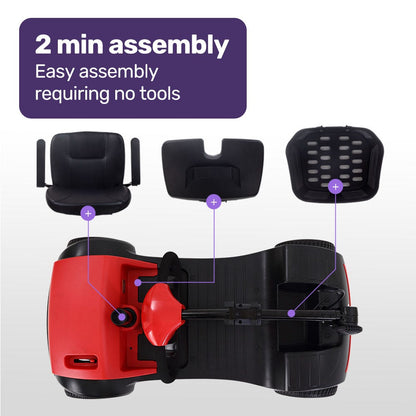 EquipMed Electric Mobility Scooter Portable Folding for Elderly, Black and Red, compact design for easy transport and accessibility.
