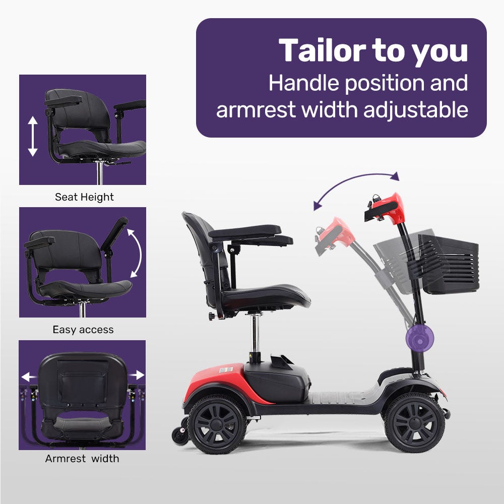 Hlpmedical EQUIPMED Electric Mobility Scooter Portable folding design for elderly, black and red, with handlebars and compact frame.