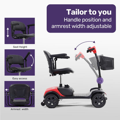 Hlpmedical EQUIPMED Electric Mobility Scooter Portable folding design for elderly, black and red, with handlebars and compact frame.