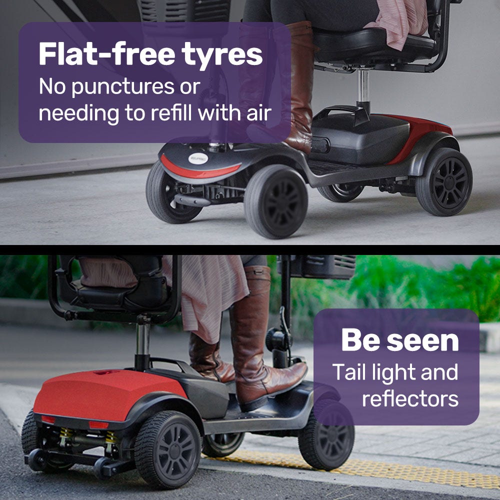 Hlpmedical EQUIPMED Electric Mobility Scooter Portable Folding for elderly, black and red, compact design for easy transport and use.