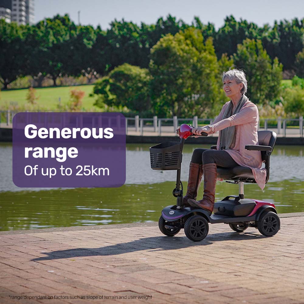 Portable EQUIPMED Electric Mobility Scooter for elderly, smartRider model in black and red, foldable design for easy transport.