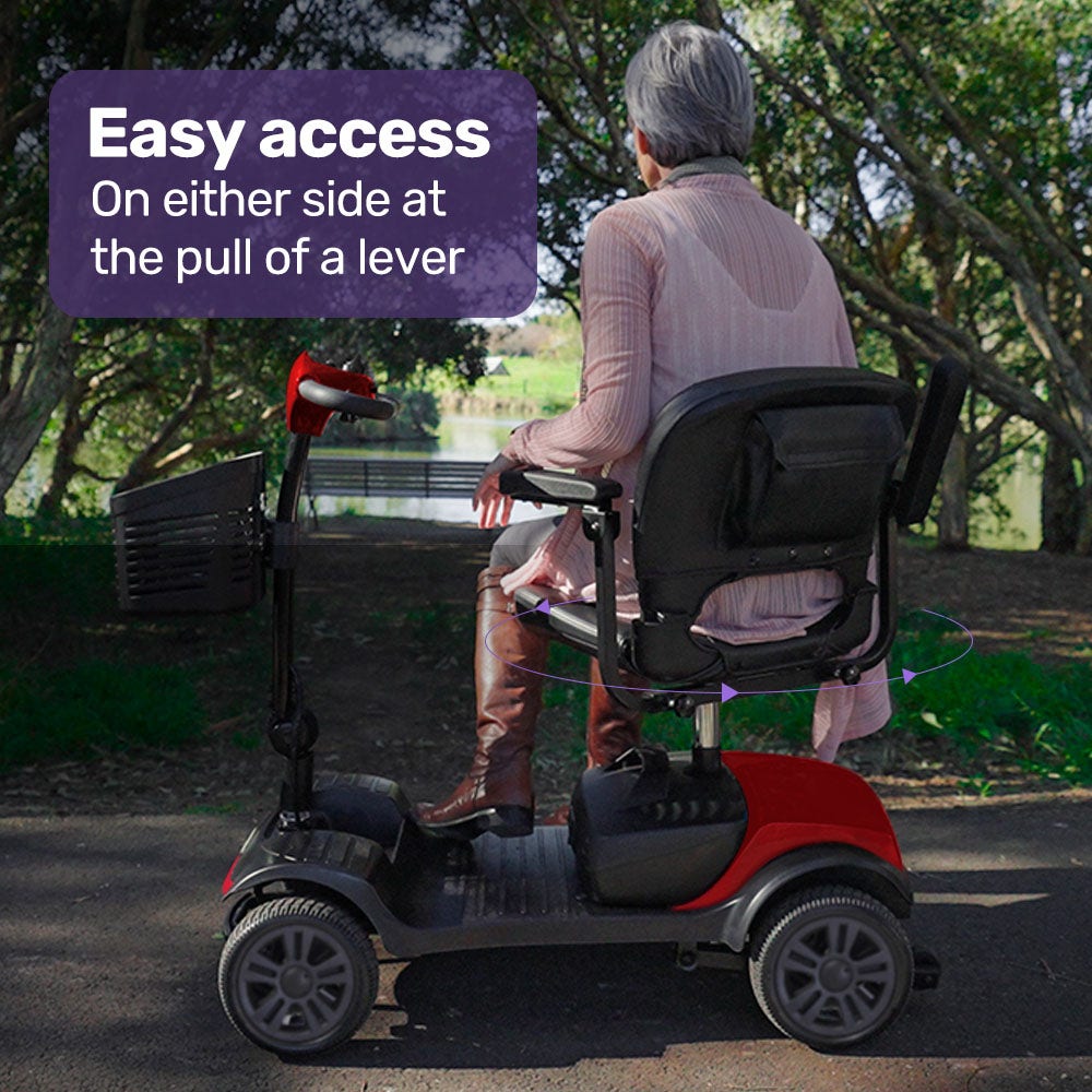 Hlpmedical EQUIPMED Electric Mobility Scooter Portable folding design in black and red for elderly and older adults.