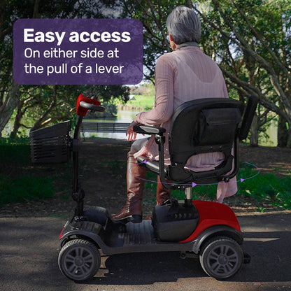 Hlpmedical EQUIPMED Electric Mobility Scooter Portable folding design in black and red for elderly and older adults.