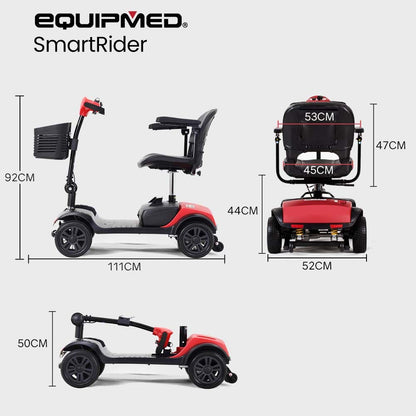 Hlpmedical EQUIPMED Electric Mobility Scooter Portable Folding for elderly, black and red, with a compact design for easy transport.