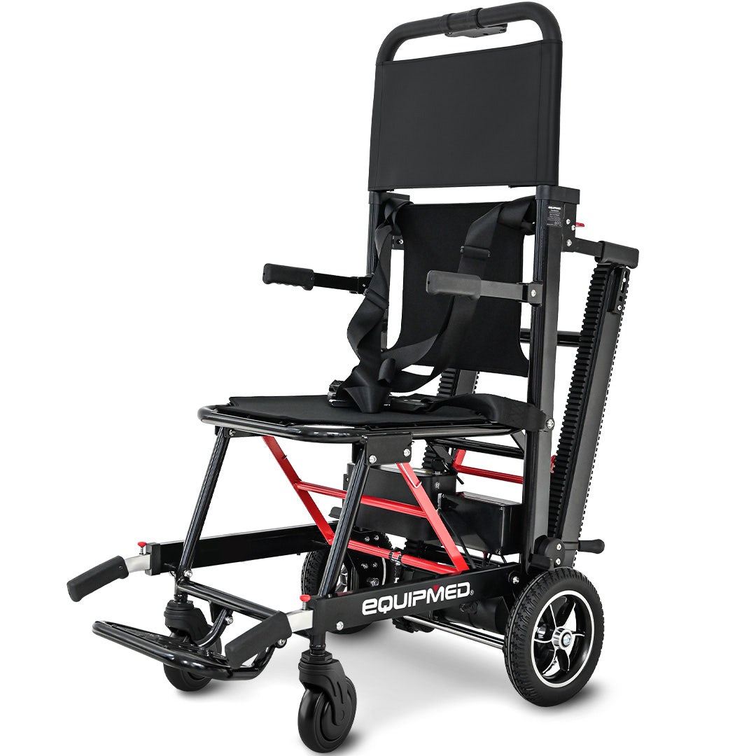 Hlpmedical Equipmed electric stair climbing wheelchair with aluminium alloy frame, foldable design, 169kg load capacity, and step climbing features.