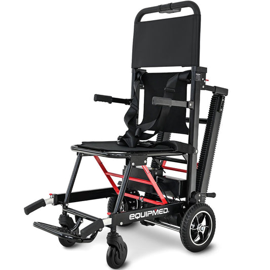 Hlpmedical Equipmed electric stair climbing wheelchair with aluminium alloy frame, foldable design, 169kg load capacity, and step climbing features.